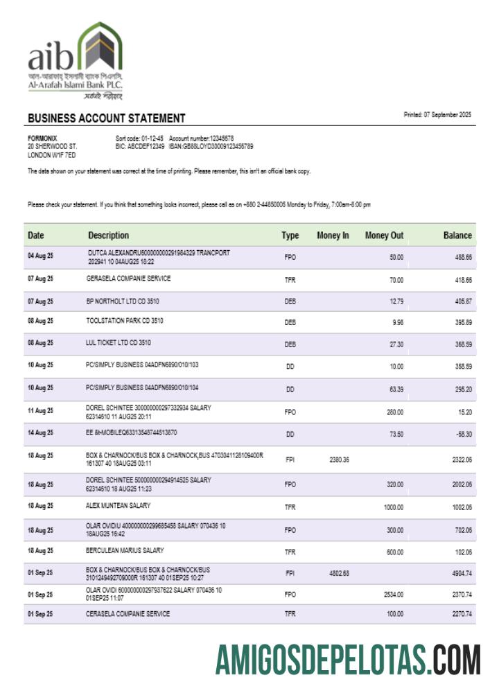 Em branco Al Arafah Islami Bank Business modelo de extrato de conta Word e PDF